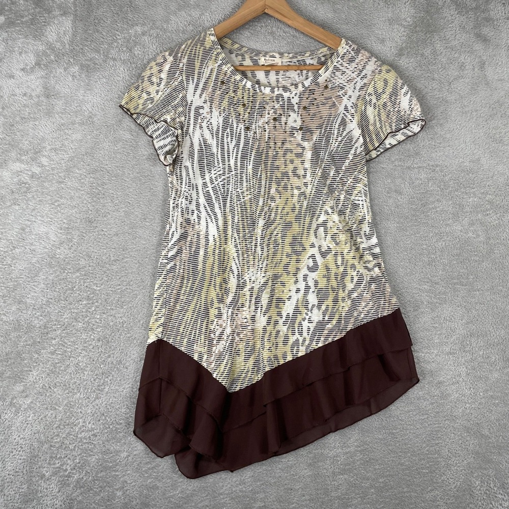 Madison Berkeley Tunic‎ Womens Large Brown Animal Print Studded Asymmetrical Hem